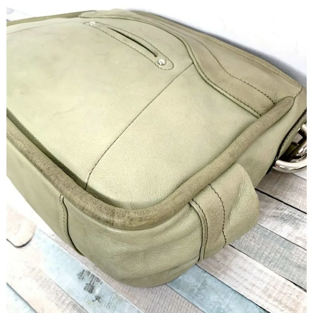 B. Makowsky SHABBY MOSS GREEN GENUINE LEATHER ZIP TOP HOBO SHOULDER BAG HANDBAG